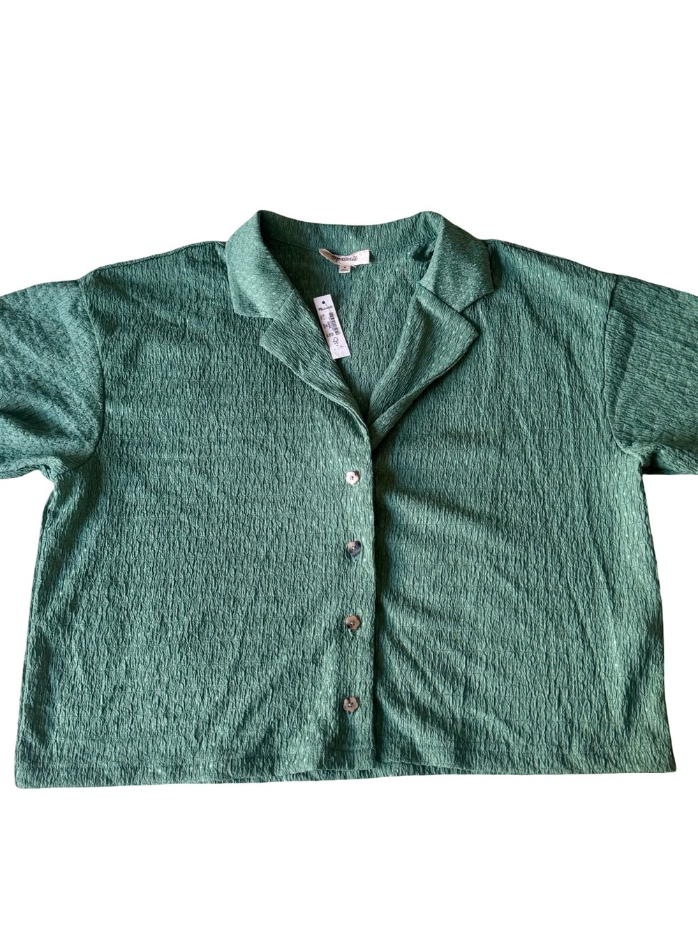 NWT Madewell Women’s Green Crinkle-Knit Button-Front Collared Top Size M